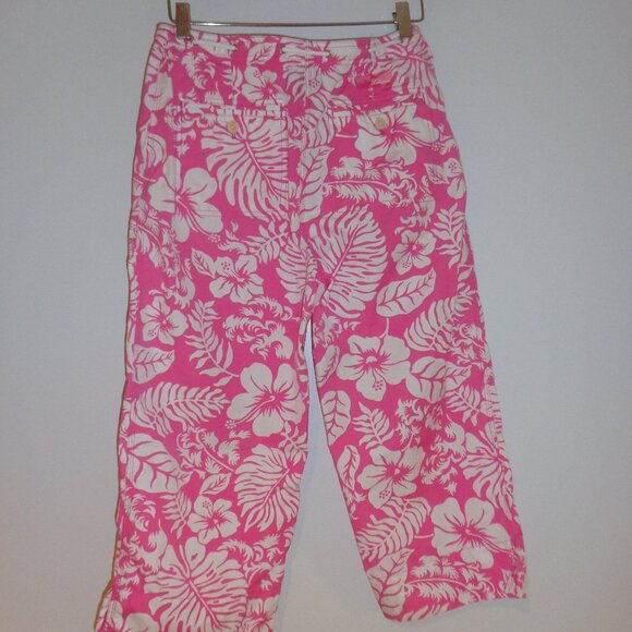LAUREN RALPH LAUREN Barbie pink & white Hawaiian‎ print cotton crop pants size 8 - Picture 2 of 10